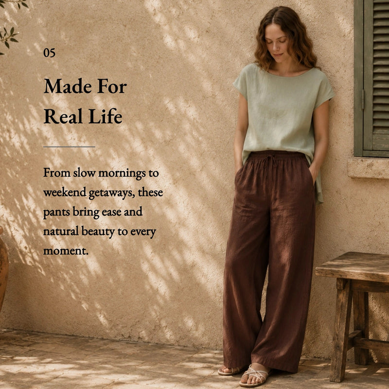 100% Linen Elastic Drawstring Straight Leg Pants