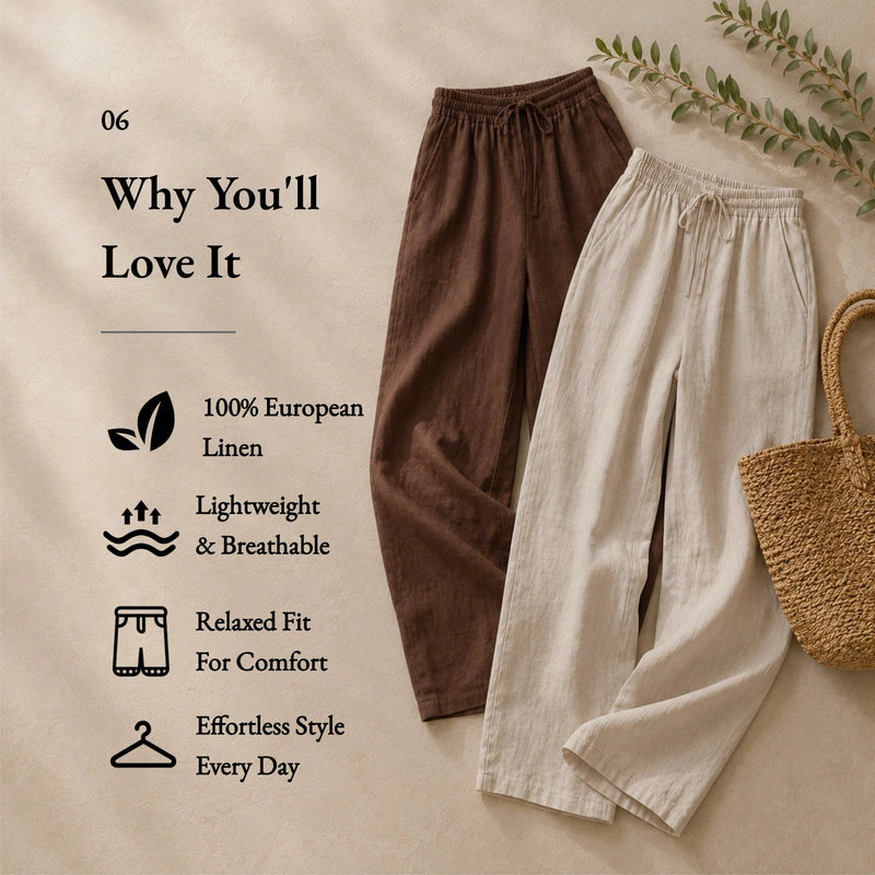 100% Linen Elastic Drawstring Straight Leg Pants