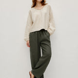 100% Linen Elastic Drawstring Straight Leg Pants
