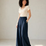 Linen Lyocell Pleat Side Pocket Belt Loop Wide Leg Trousers