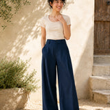 Linen Lyocell Pleat Side Pocket Belt Loop Wide Leg Trousers