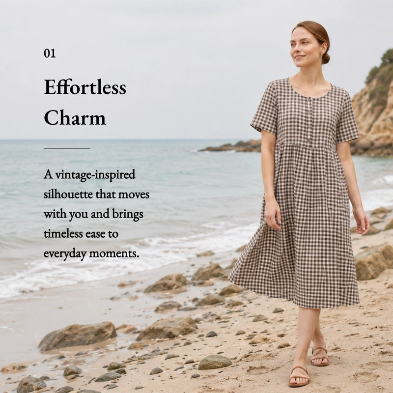 Linen Cotton Vintage Checked U-Neck Short Sleeve Maxi Dress