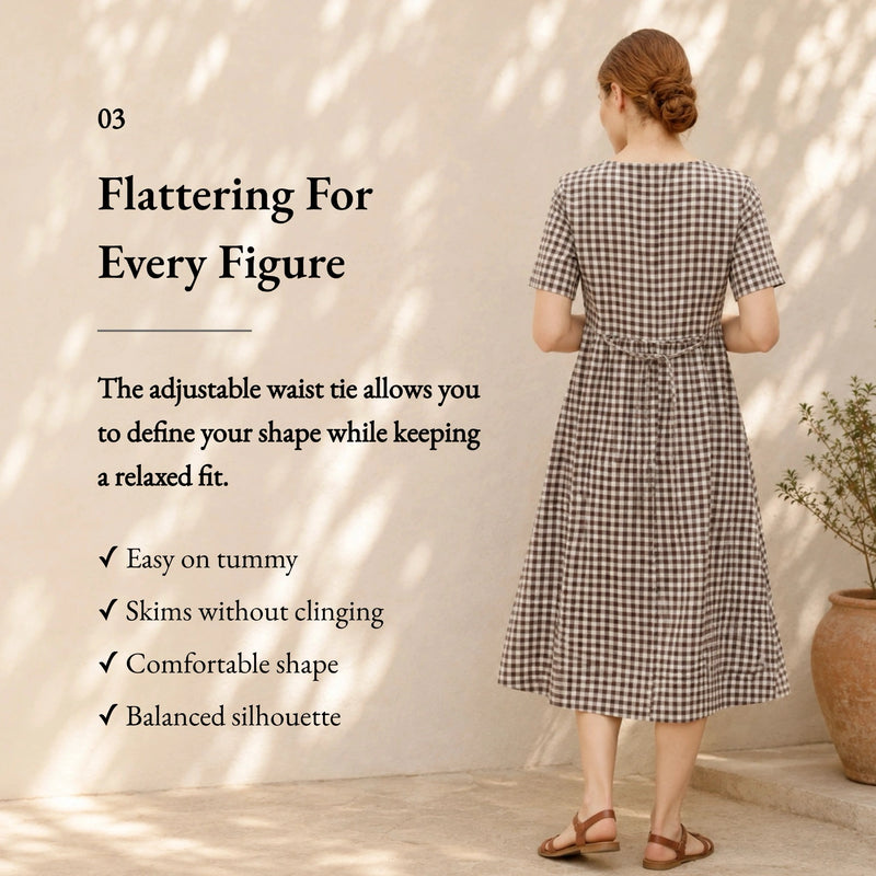 Linen Cotton Vintage Checked U-Neck Short Sleeve Maxi Dress