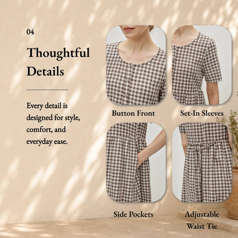 Linen Cotton Vintage Checked U-Neck Short Sleeve Maxi Dress