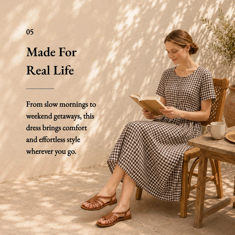 Linen Cotton Vintage Checked U-Neck Short Sleeve Maxi Dress
