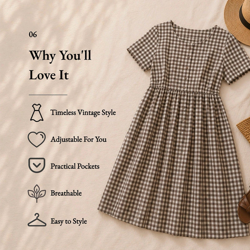 Linen Cotton Vintage Checked U-Neck Short Sleeve Maxi Dress