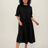 100% Linen Ruffle Trim Pleated Midi Dress