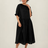 100% Linen Ruffle Trim Pleated Midi Dress