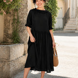 100% Linen Ruffle Trim Pleated Midi Dress