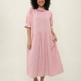 100% Linen Ruffle Trim Pleated Midi Dress
