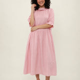 100% Linen Ruffle Trim Pleated Midi Dress