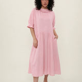 100% Linen Ruffle Trim Pleated Midi Dress