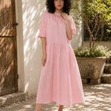 100% Linen Ruffle Trim Pleated Midi Dress
