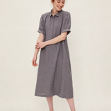 100% Linen Collar Puff Sleeve Midi Dress