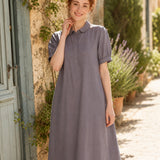 100% Linen Collar Puff Sleeve Midi Dress