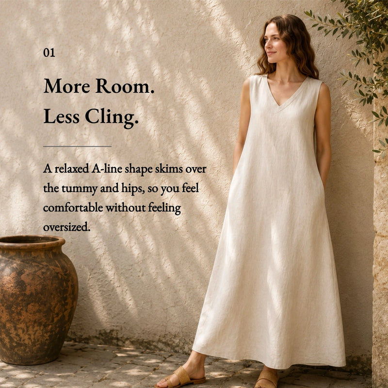100% Linen V-neck Beach Sleeveless Dress