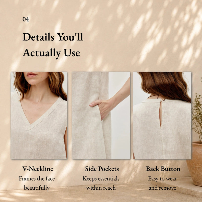 100% Linen V-neck Beach Sleeveless Dress
