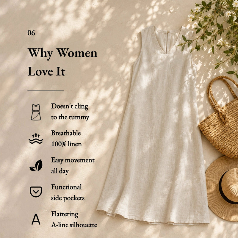 100% Linen V-neck Beach Sleeveless Dress