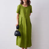 100% Linen Short Sleeve Pleated Maxi Dress