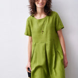 100% Linen Short Sleeve Pleated Maxi Dress