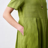 100% Linen Short Sleeve Pleated Maxi Dress