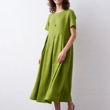 100% Linen Short Sleeve Pleated Maxi Dress