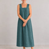 100% Linen Square Neck Side Pocket Sleeveless Maxi Dress