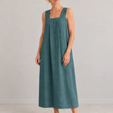 100% Linen Square Neck Side Pocket Sleeveless Maxi Dress
