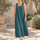 100% Linen Square Neck Side Pocket Sleeveless Maxi Dress