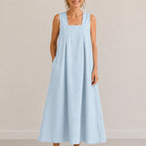 100% Linen Square Neck Side Pocket Sleeveless Maxi Dress