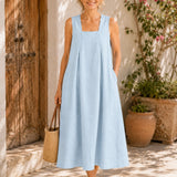 100% Linen Square Neck Side Pocket Sleeveless Maxi Dress