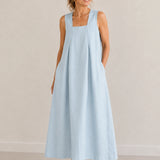 100% Linen Square Neck Side Pocket Sleeveless Maxi Dress