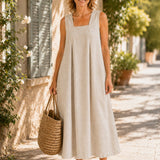 100% Linen Square Neck Side Pocket Sleeveless Maxi Dress