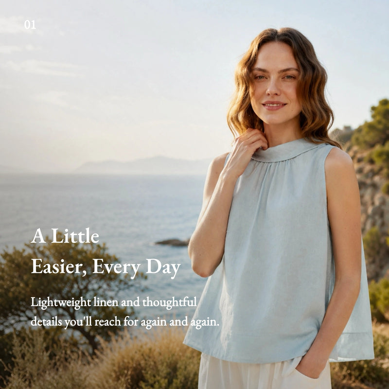 100% Linen Sleeveless Soft-Fold Collar Top
