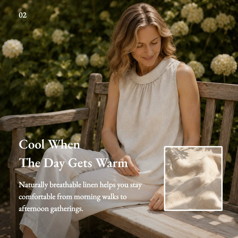 100% Linen Sleeveless Soft-Fold Collar Top