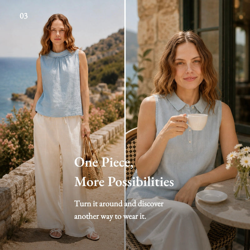 100% Linen Sleeveless Soft-Fold Collar Top