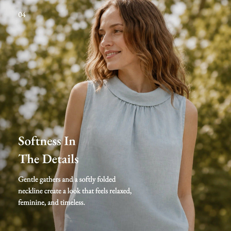 100% Linen Sleeveless Soft-Fold Collar Top