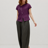 100% Linen Asymmetric Button Short Sleeve Blouse