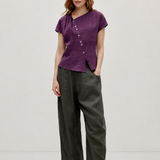 100% Linen Asymmetric Button Short Sleeve Blouse