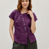 100% Linen Asymmetric Button Short Sleeve Blouse