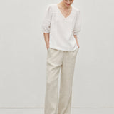 100% Linen Heavy-Embroidered V-neck Puff Sleeve Blouse