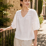 100% Linen Heavy-Embroidered V-neck Puff Sleeve Blouse