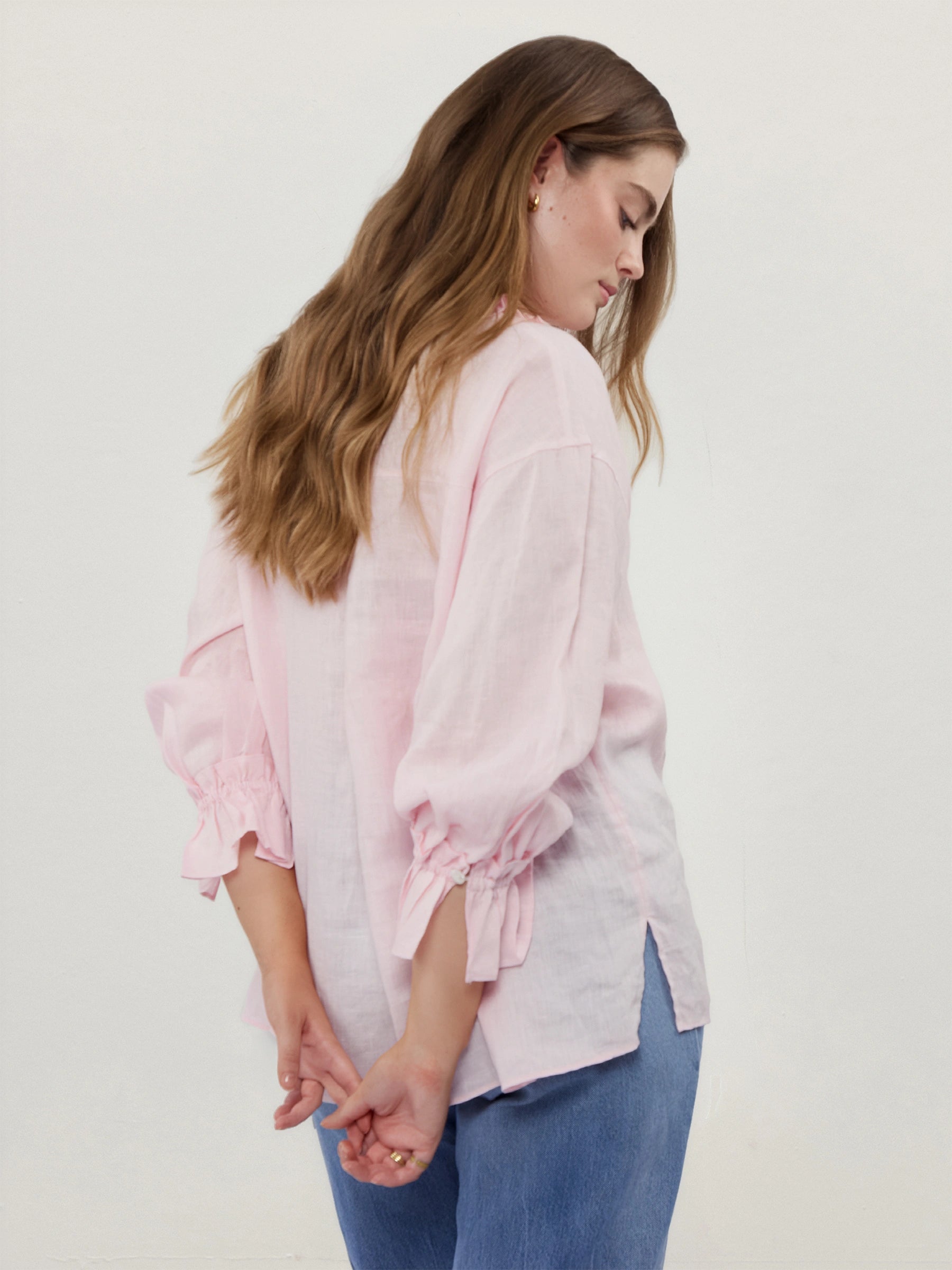 100% Linen V-Neck Ruffle Tie Detail Long Sleeve Blouse