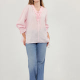 100% Linen V-Neck Ruffle Tie Detail Long Sleeve Blouse