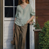100% Linen V-neck Button Down Blouse