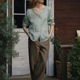 100% Linen V-neck Button Down Blouse