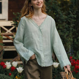 100% Linen V-neck Button Down Blouse
