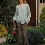 100% Linen V-neck Button Down Blouse