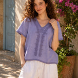 100% Linen V-Neck Embroidery Lace Trim Blouse