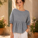 100% Linen Gingham Lantern Sleeve Peplum Blouse